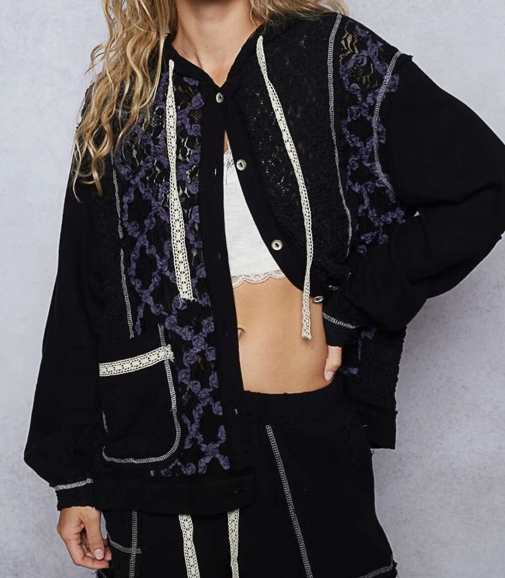 POL Black Lace Mixed Media Utility 2 Piece Matching Set Jacket Pants Small